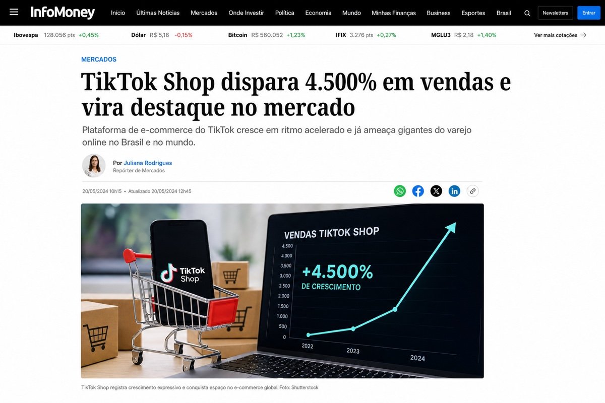 Matéria da InfoMoney sobre o disparo de vendas do TikTok Shop