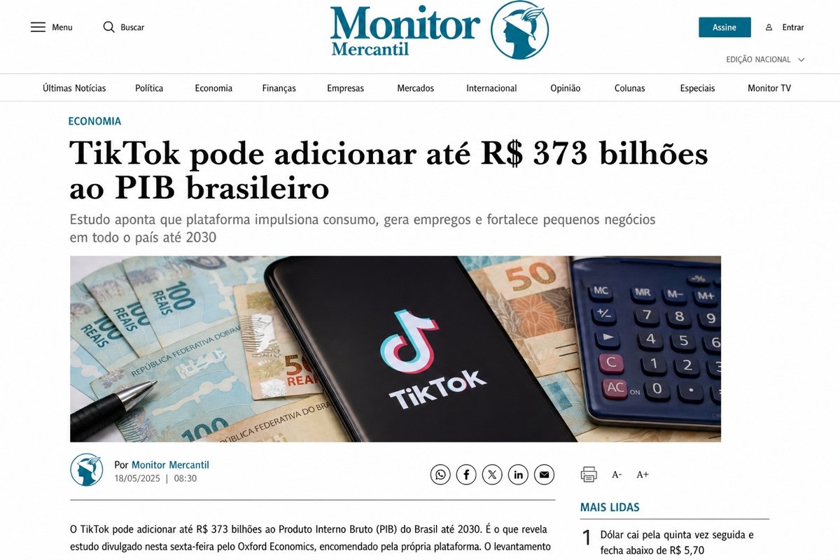 Matéria do Monitor Mercantil sobre o TikTok e o PIB